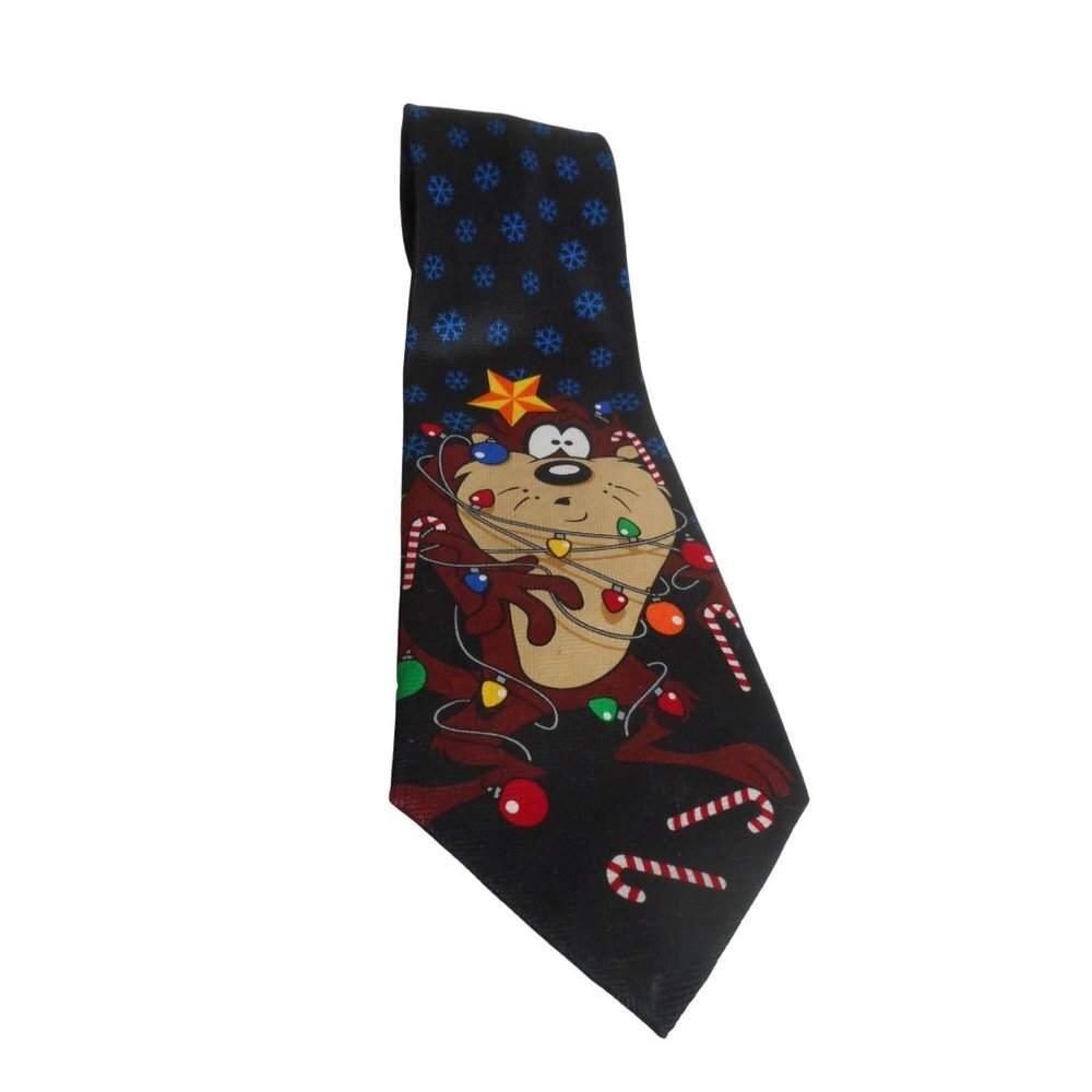 Vintage Looney Tunes Tazmania Devil with lights on black Christmas tie necktie